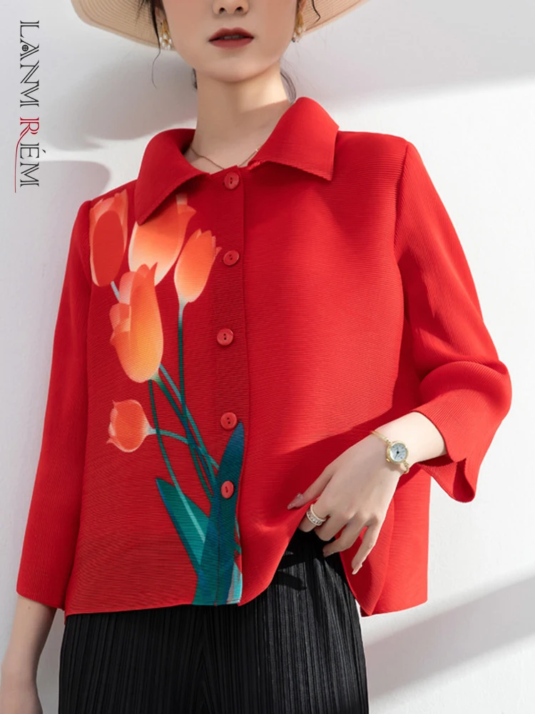 

Женский однобортный Топ LANMREM с цветочным принтом, отложным воротником и длинными рукавами, свободные повседневные топы, мода 2022, лето, 2N772