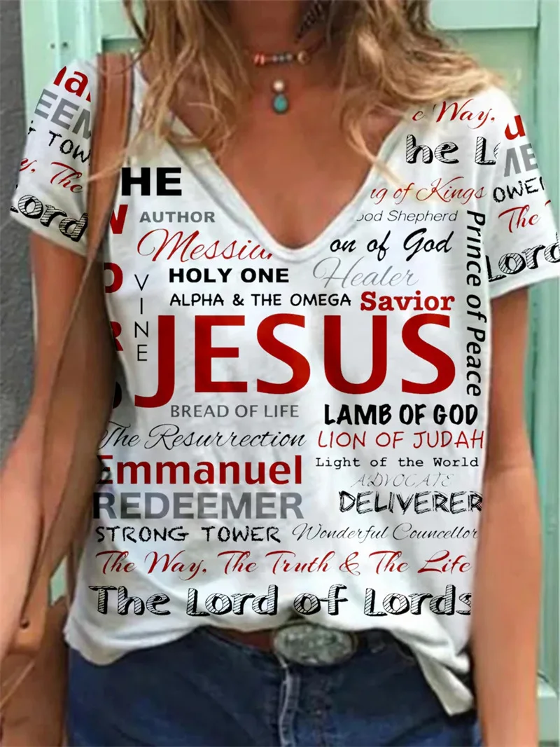 

Women T-shirt I Love Jesus Print T-shirt V-Neck Tshirt Short Sleeve T-Shirt Casual T-shirt Tops Women Clothing 2022 Summer