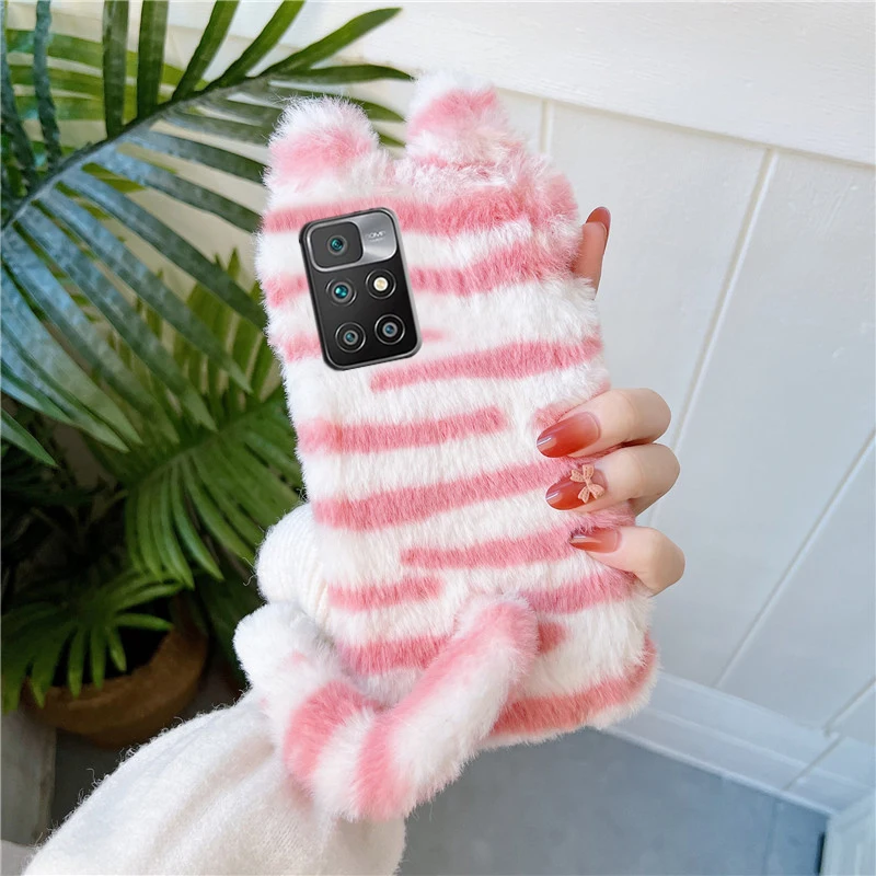 

Cute Cat tiger Fur Fluffy Redmi 10 Case For Xiaomi Note 11S 11 9 POCO M5 F4 GT X3 M3 Pro 5G Redmi 10C 10A Phone Skin Plush Cover