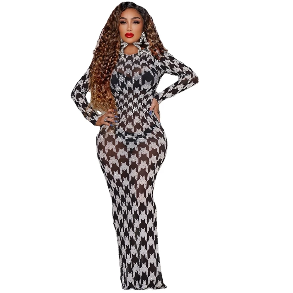 Sparkly Silver Rhinestones Long Sleeves Black White Pattern Dress Birthday Celebrate Gown Outfit Women Sexy Evening Party Dress