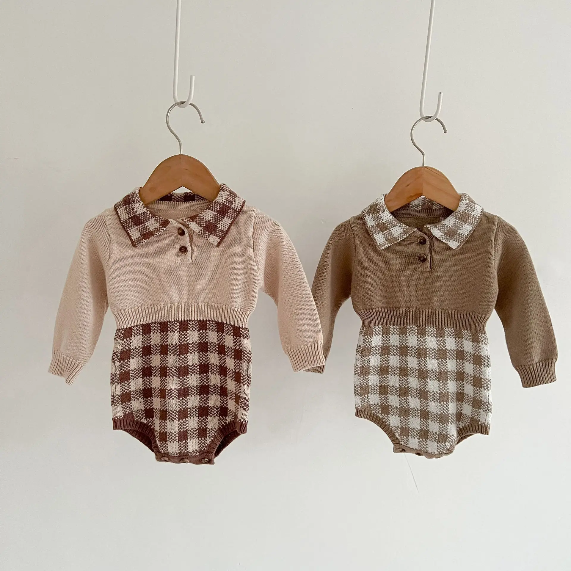 Autumn New Newborn Knitted Long Sleeved Jumpsuit Baby Girl Staggering Work Clothes Long Sleeved Plaid Lapel Bodysuit