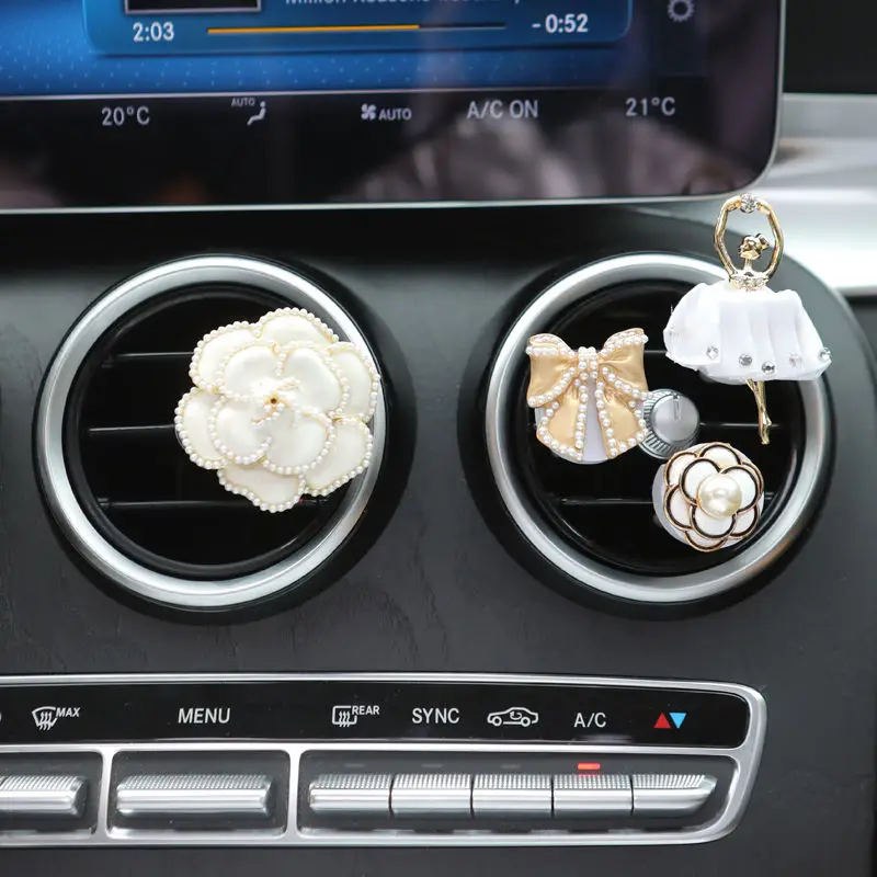 

Car Air Conditioning Air Outlet Jewelry Creative Pearl Drip Oil Camellia Car Aroma Car Clip Air Refreshener Light Fragrance