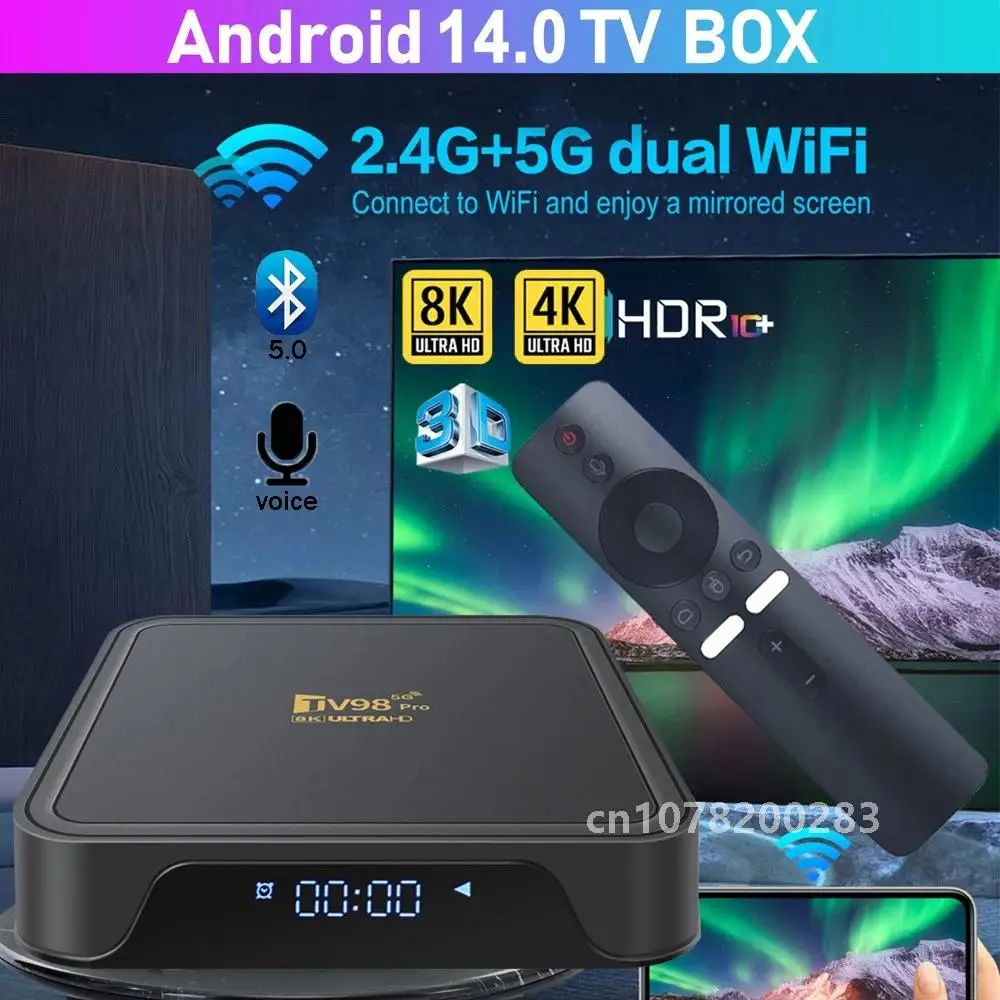 Android 14 TV Box TV98 Pro Allwinner H313 Quad Core 2 ГБ 16 8K 4K Dual Wifi6 BT5.0 Голосовой пульт дистанционного