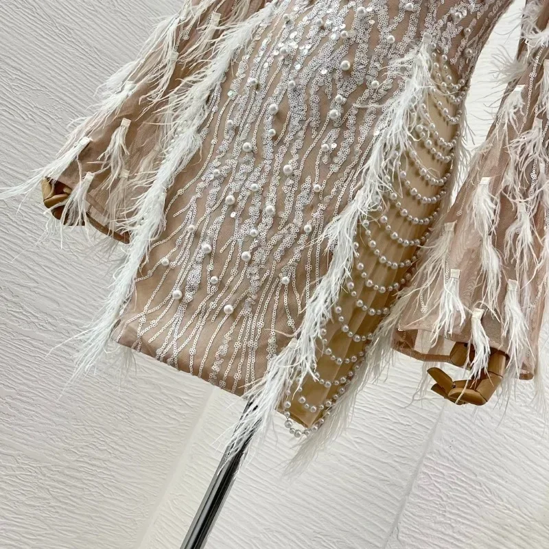 2024 новое летнее женское бежевое элегантное мини-платье с длинным рукавом и