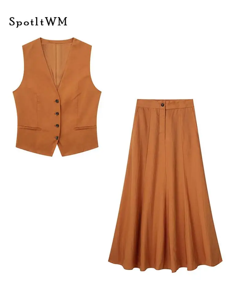 

Women Pleated Long Skirt Outfits Fashion V-neck Single Breasted Sleeveless Vest 2 Pieces Set 2023 Female High Waist Skirt Sets
