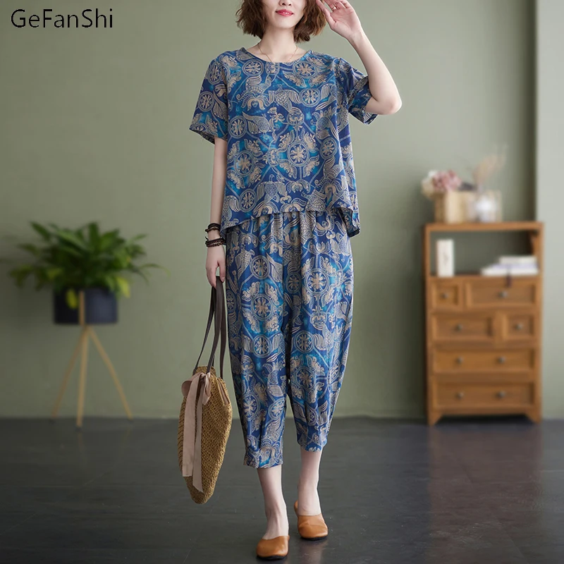 

2023 Summer Women's 2Pcs Print O-neck Blouse+Pants Office Lady Two Pieces Set Casual Fashion Tops And Calf-length Trousers Sets