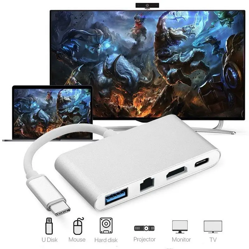 

Новинка 2018, адаптер USB C-HDMI 4K + RJ45 Gigabit Ethernet + USB 3.1 Type C Hub
