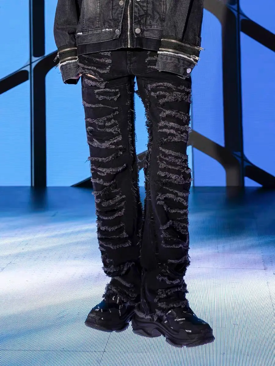 European and American high street washed cat mustache damaged patch jeans made old beggars show thin leg pants ins tide