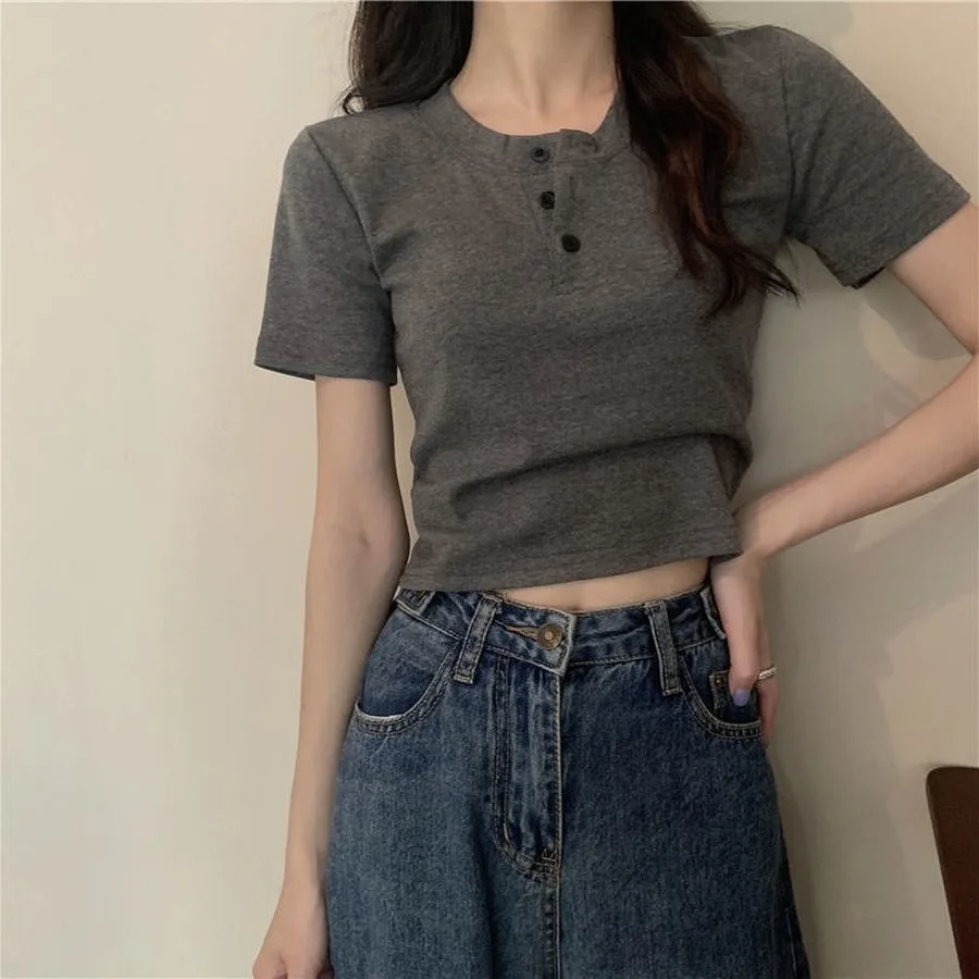 

2023 women t-shirt open button short Sleeve Crop Top Ladies Clothing Solid Basic T Shirt Casual Skinny White Slim Female Tops