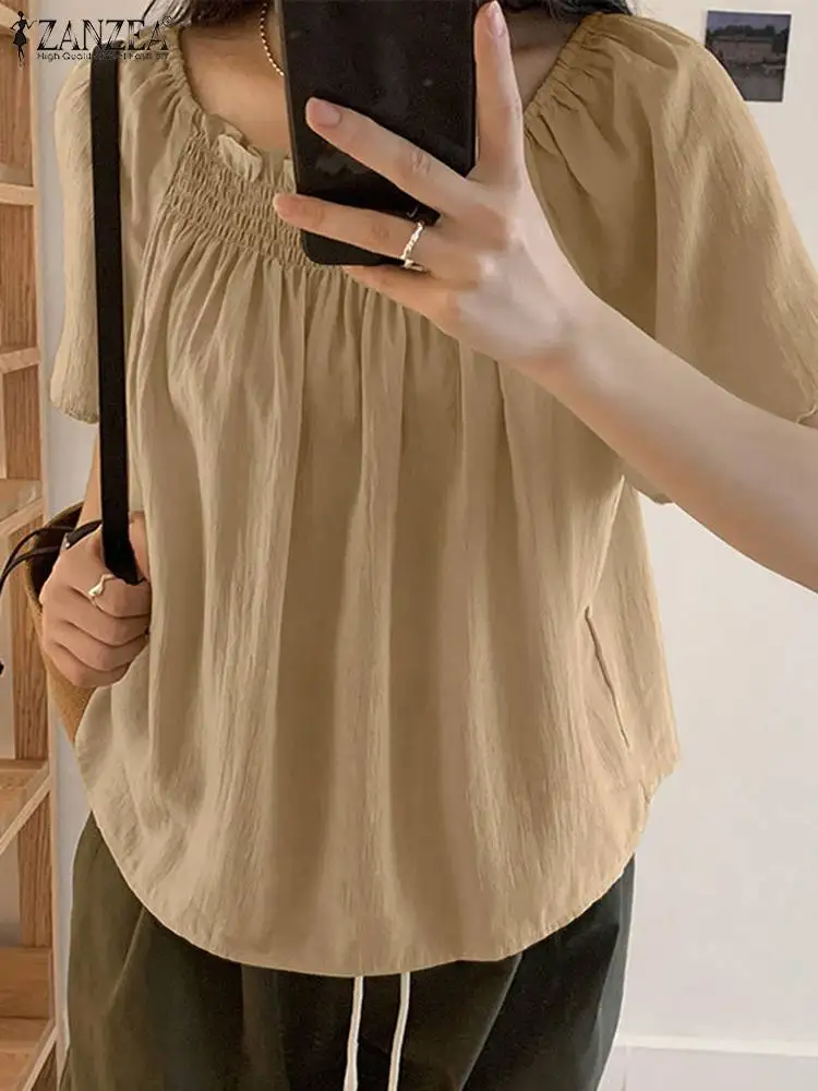 Женские корейские блузки ZANZEA с квадратным вырезом лето 2024 праздничные розовые