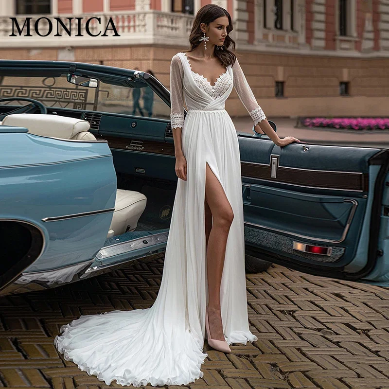 

MONICA Boho Wedding Dress Full Sleeves Vestidos De Novia Backless Wedding Gown Illusion Lace Tulle Sexy High Split 2022 New