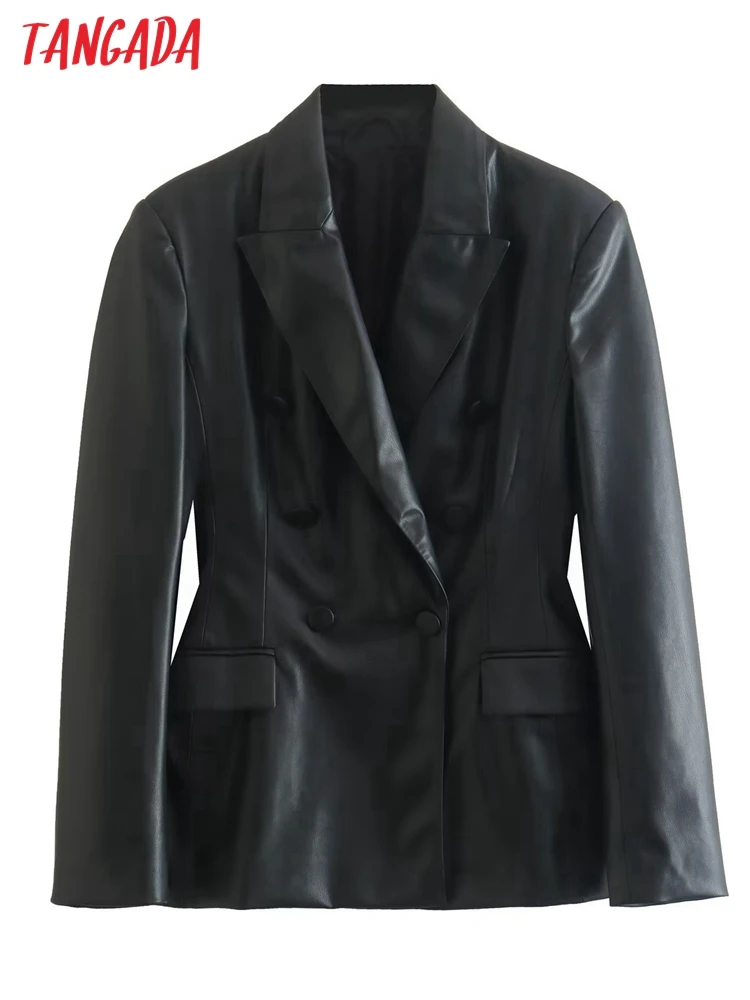

Tangada Women 2022 Black Faux Leather Blazer Coat Vintage Long Sleeve Female Outerwear Chic Tops QD08