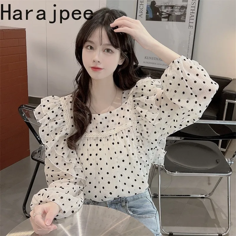

Harajpee Korean Chic Shirt Ruffles Polka Dot Lantern Sleeve Square Collar Sweet Loose Spring New 2022 Pullover Women Tops Ins