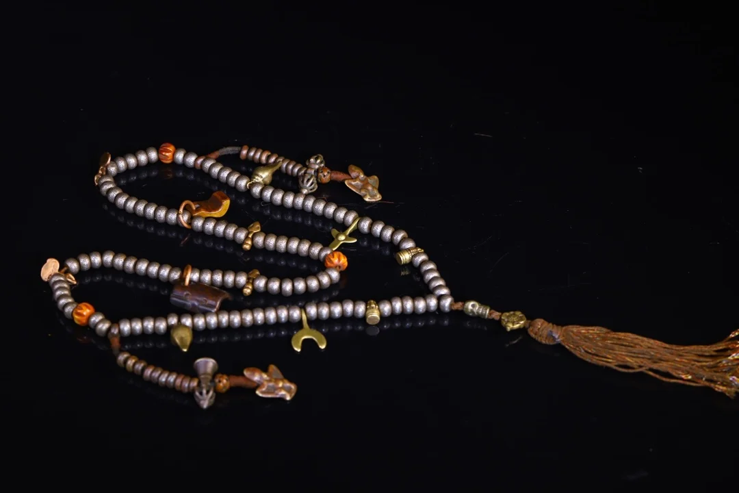 

24"Tibetan Temple Collection Old Tiantie Bronze Vajra GARUDA Skull Buddha Plate 180 Buddha Beads Necklace Amulet Dharma Pendant