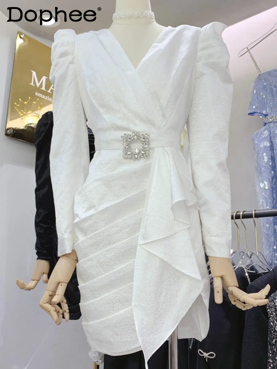 

2022 Spring Autumn New Chic Pleated Puff Sleeve Short Dress Women's Office Temperament V-neck Long Sleeve White Dress with Belt