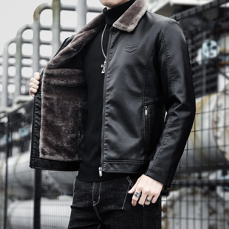 

Mens Pu Leather Jackets Casual Fashion Slim Windbreak Faux Fur Plush Leather Coat Winter Velvet Warm Outwear Plus Size Clothing