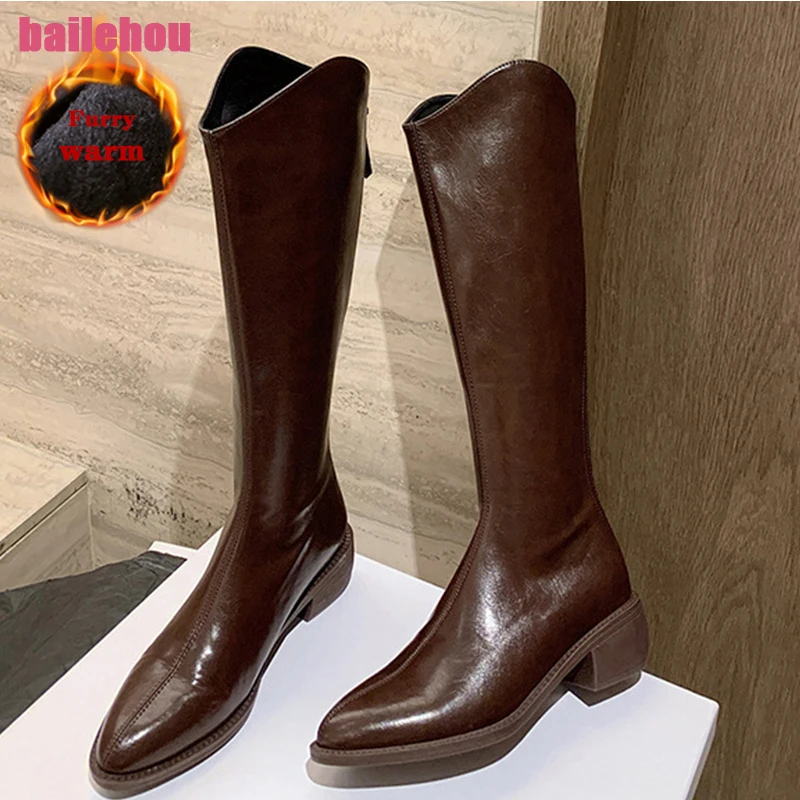 

Женские сапоги Челси до колена, модная обувь с острым носком на каблуке, зимняя женская теплая обувь с мехом, женские длинные сапоги на молни...