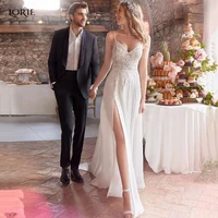 lorie elegant side slit boho bride dresses spaghetti straps v neck sleeveless lace wedding dress appliques a line bridal gowns