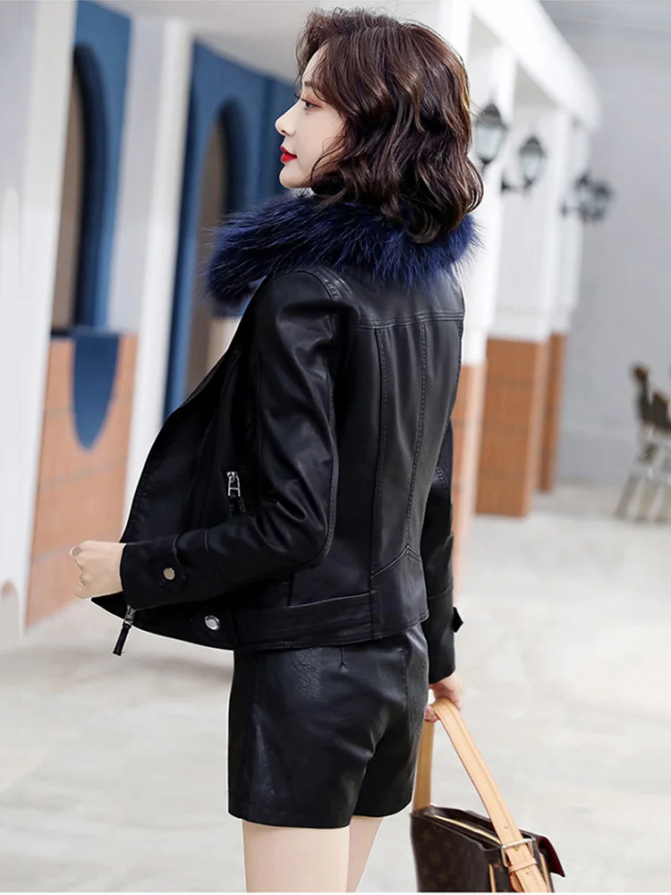 New Women Thicken Leather Jacket Autumn Winter Fashion Fox Fur Collar Plus Velvet Lining Slim Short Biker Coat Split Leather