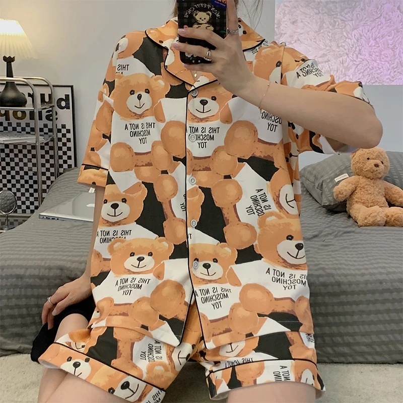 Plus Size Summer Pajamas Women Sleepwear Lapel Cotton Pajama Set Loose Version Nightgown