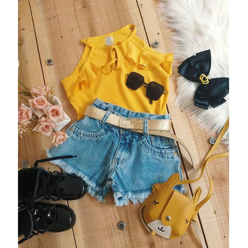 

2pcs Summer Fashion Kids Girls Clothes Sets 2-7Y Solid Halter Sleeveless Lace Up Vest Tops+Denim Shorts