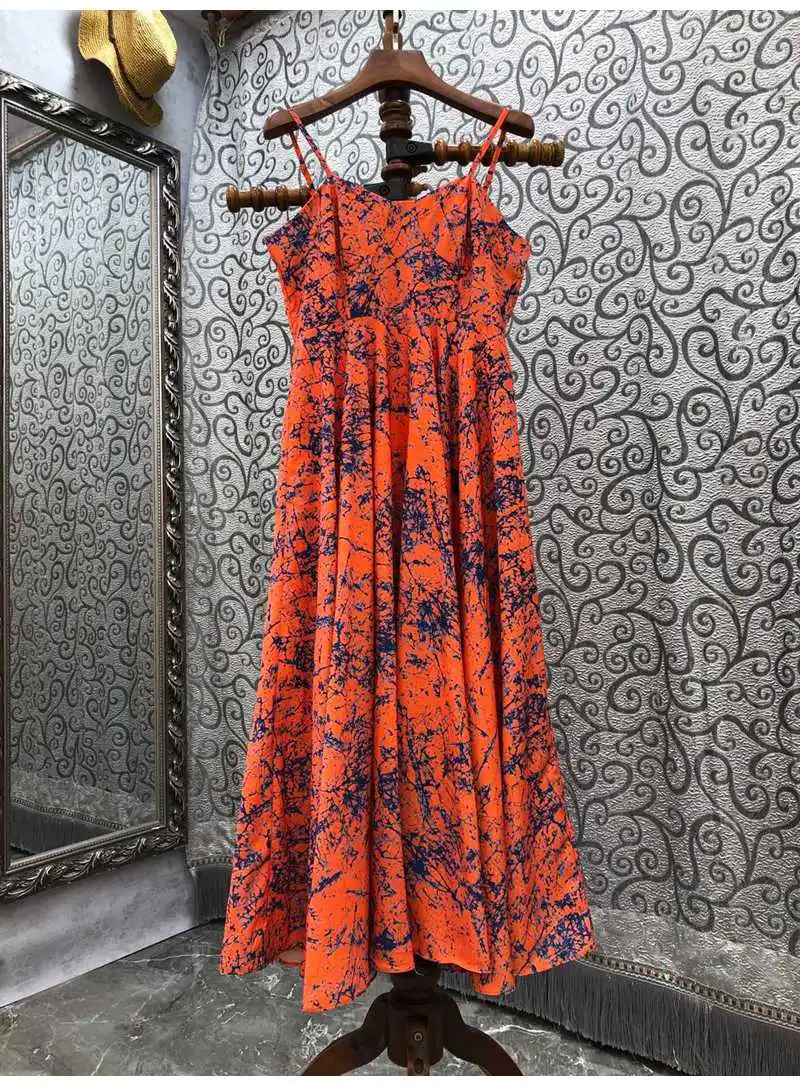 

Novia Party 2022 Spring Summer Dress High Quality Women Spaghetti Strap Abstract Prints Mid-Calf Length Casual Orange Dress