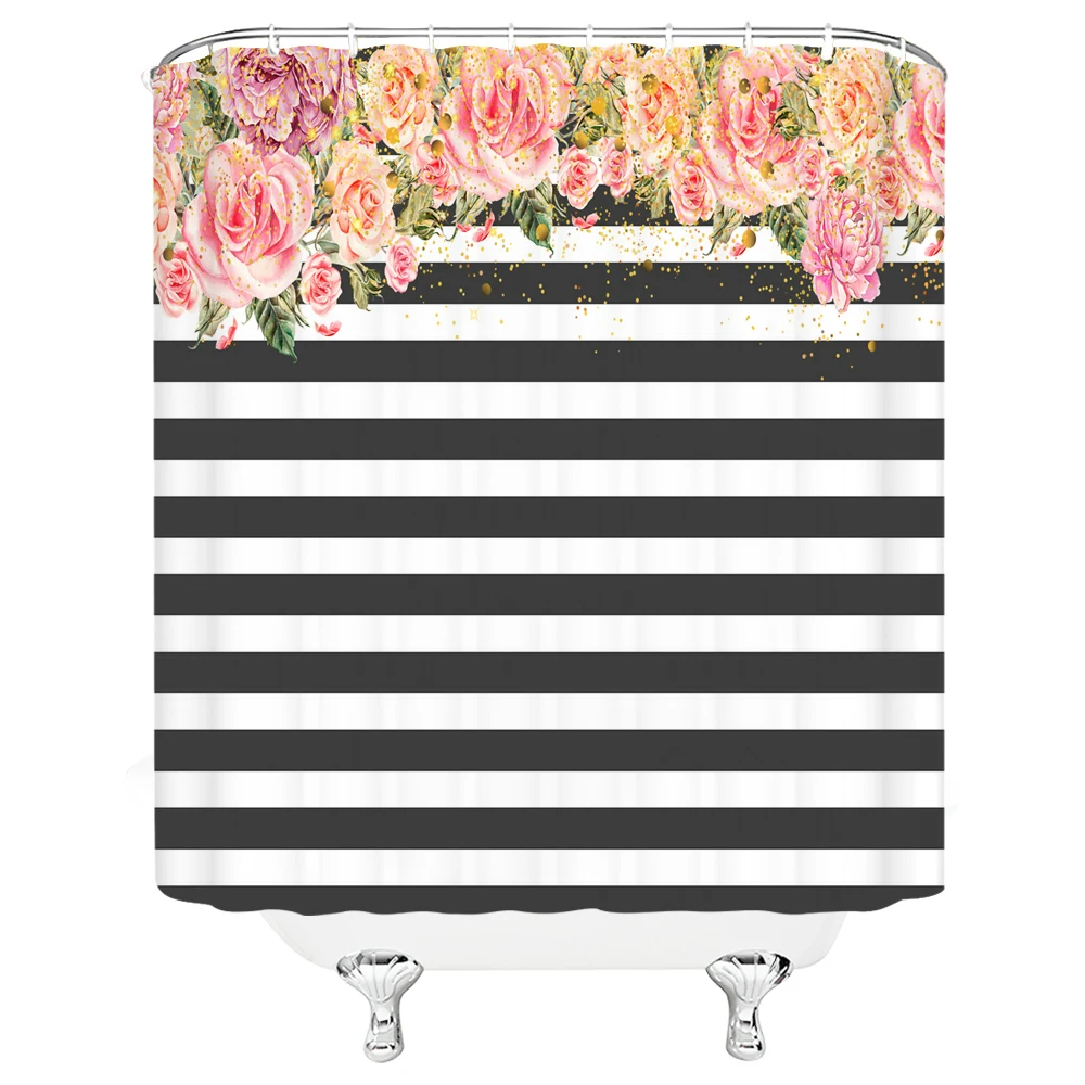 

Занавеска для душа с цветочным рисунком, водонепроницаемая шторка в ванную комнату с крючками, в черно-белую полоску, с узором в виде акваре...