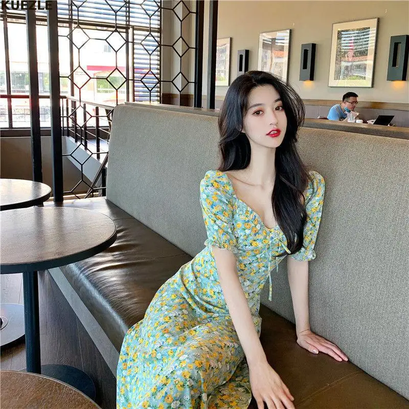 

2022 2XL Floral Chiffon Dress Women Sweet Puff Sleeve Empire Vintage Fairy Slim Square Collar Vestido Pink Temperament Elegant