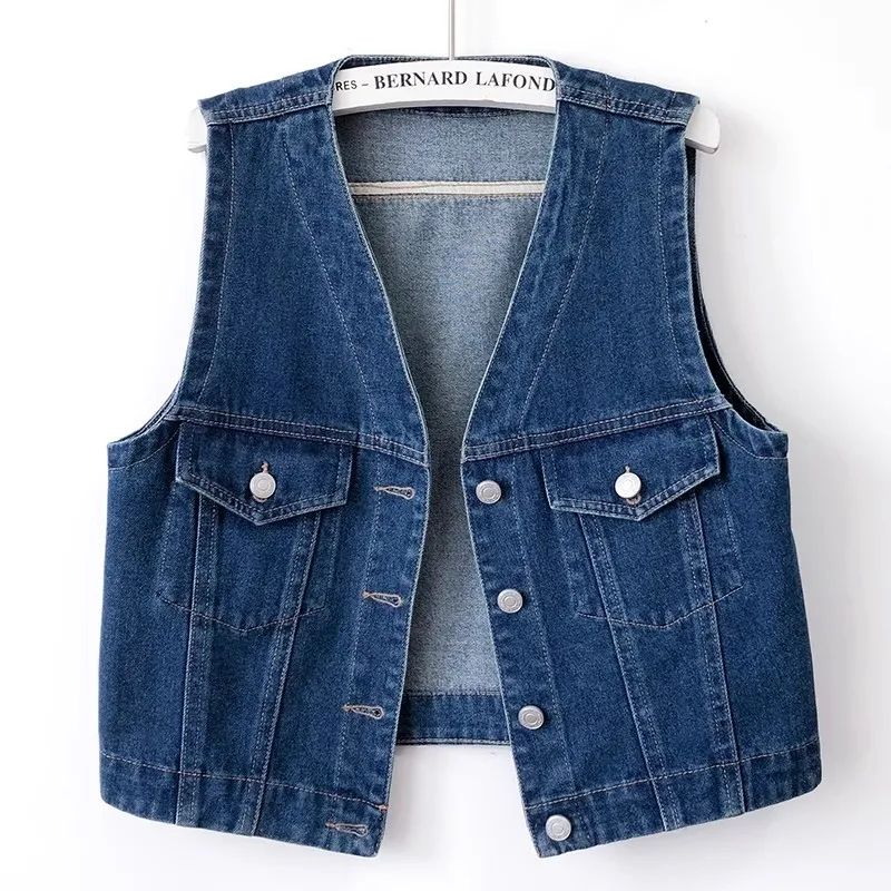 

Vintage Dark Blue Big Pocket V Neck Denim Vest Women Waistcoat Slim Short Cowboy Sleeveless Jacket Coat Casual Jeans Vest Female