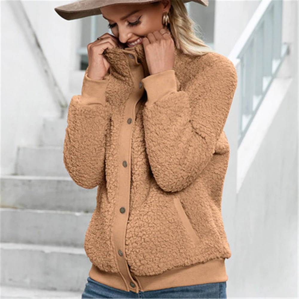 

Loose CoatsNew White Winter Women Teddy Bear Coat Stand Collar Plush Jacket Zipper Solid Warm Outwear Faux Lamb