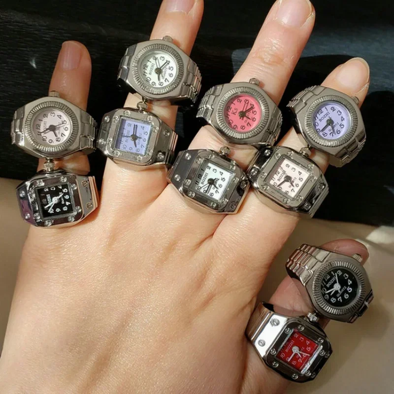 

Vintage Punk Finger Watch Mini Elastic Strap Alloy Watches Couple Rings Jewelry Clock Retro Roman Quartz Watch Ring Women Girls
