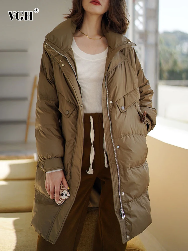 VGH Winter Fashion New Down Coat For Women Stand Collar Long Sleeve Patchwork Pockets Loose Solid Coats Female 2022 Casual Style