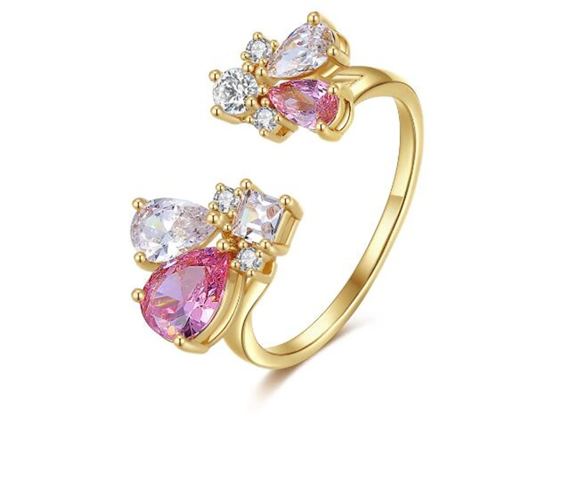

2022 New Water Droplet Natural Pink Zircon Rings Adjustable Opening Gold Color Ring For Women Fine Jewelry Birthday Gift