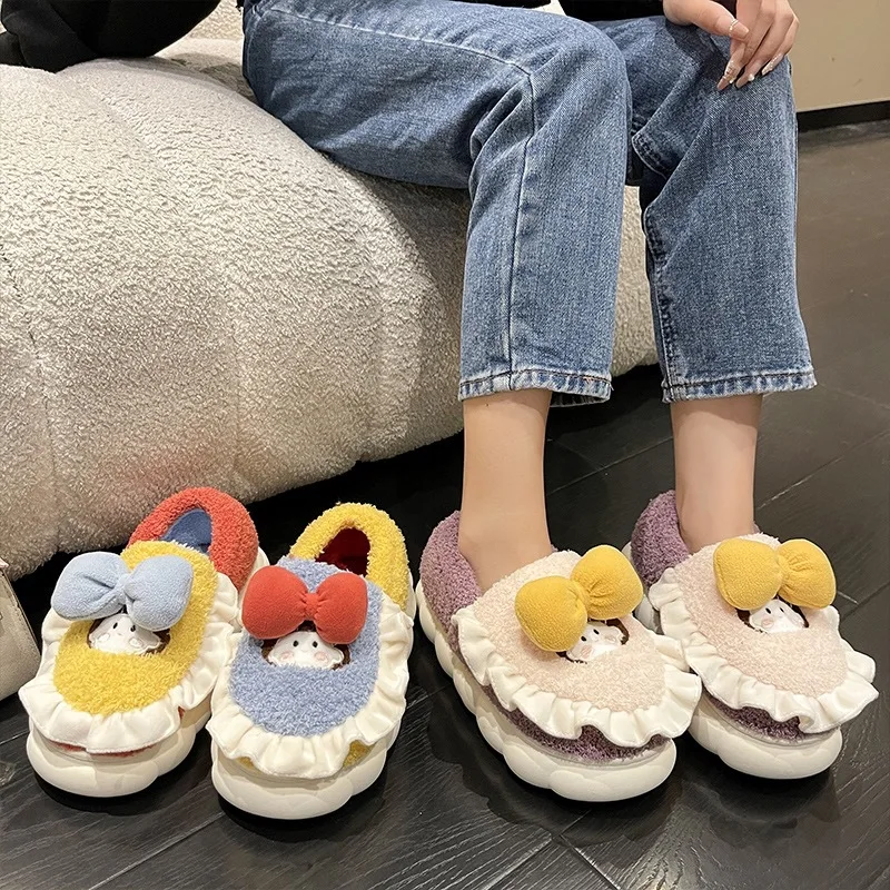 

Cotton Slippers for Women Exquisite Princess Plush Slippers Couples Family Fluffy Shoes Slides Winter Plush Warm Cotton Slipper