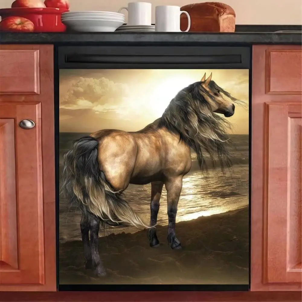 

Kitchen Seaside Horse Dishwasher Magnet Cover Brown Horse Frige Door Front Panel Decal Funny Animal Home Decorative Sticker 23Wx