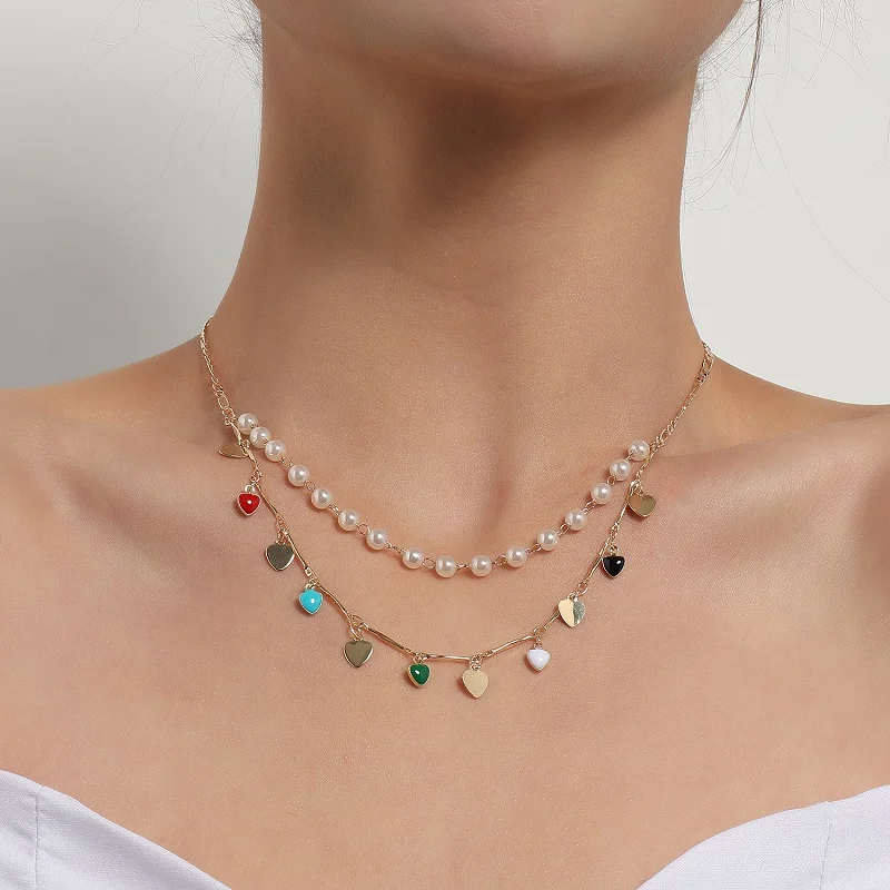 

Цепочка Женская двухслойная с кулоном в форме сердца, простое ожерелье из сплава с имитацией жемчуга, летняя бижутерия, аксессуары