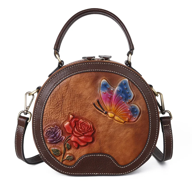 

Маленькая женская сумка-мессенджер, винтажный дизайнерский круглый тоут через плечо из натуральной кожи с Цветочным Тиснением
