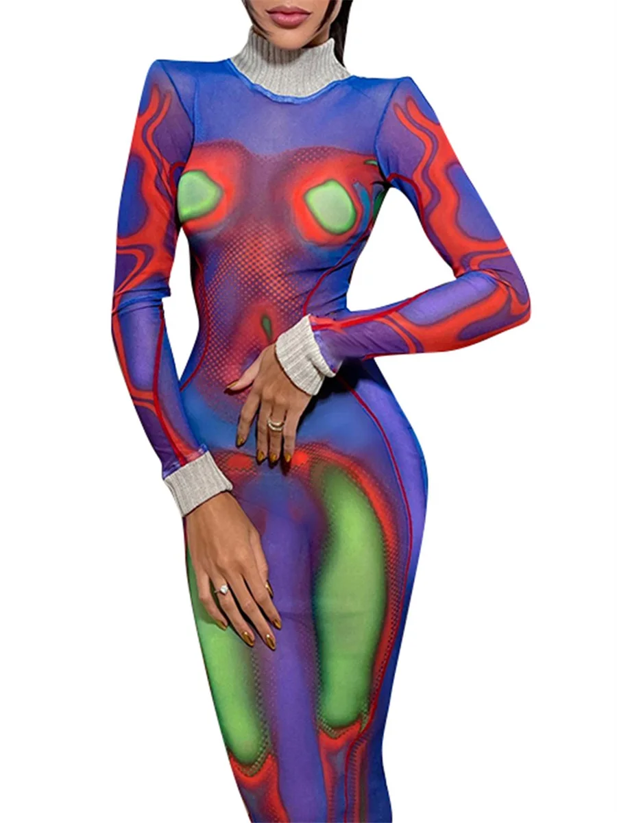 

Женское прозрачное Сетчатое облегающее платье миди Y2k, платье на бретелях с принтом, тонкое длинное платье с накидкой