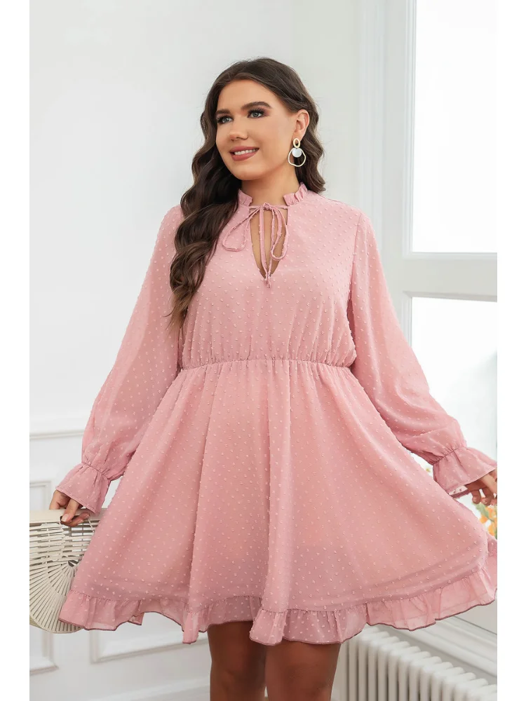 New plus size women short-sleeved V-neck fashion slim ruffled waist pink short dress plus size outfits  party dresses