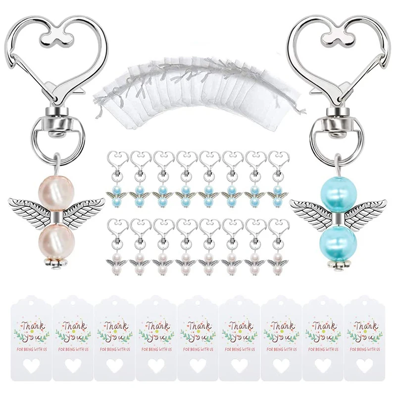

40 Sets Pearl Angel with Heart-Shape Keychain Wedding Favor Set Include Angel Pearl Keychains Organza Gift Bags and More