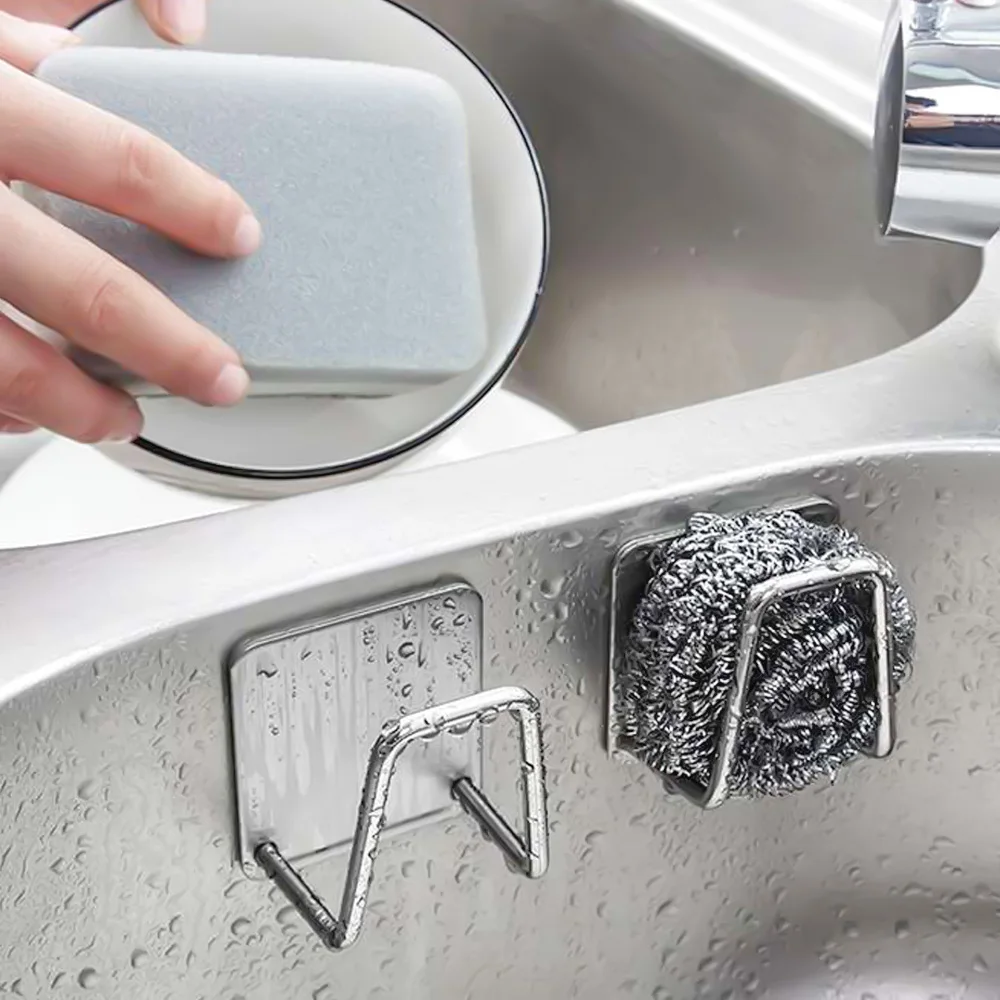 

Stainless Steel Kitchen Sink Sponge Holder Hooks Multifunction Sink Sponge Drain Rack Home Bathroom Storage Holder Organizer