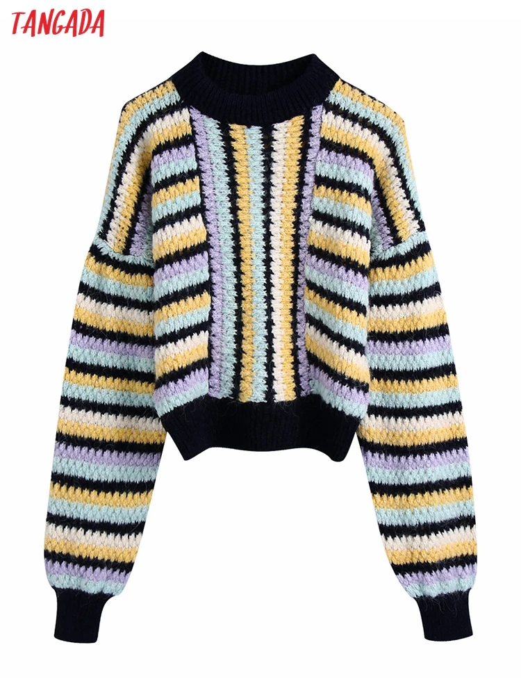 

Tangada Women 2022 Fashion Striped Geometry Crop Knitted Sweater Jumper O Neck Female Oversize Pullover BE326