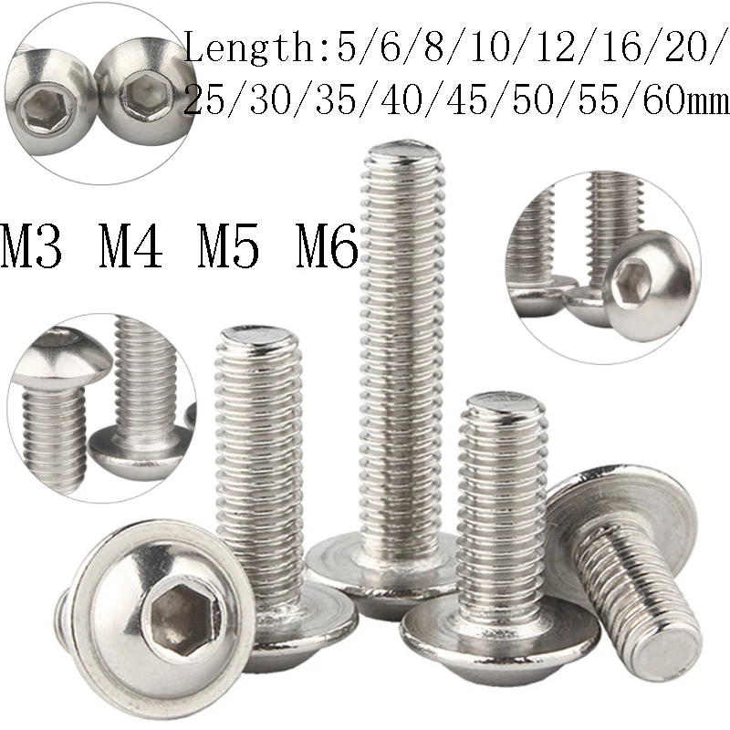 

5/10/50pcs M3 M4 M5 M6 304 Steel Hex Hexagon Socket Round Button Flange Head With Washer Collar Screw Bolt