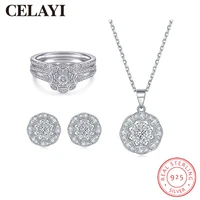 celayi jewelry set for women 925 sterling silver necklace europe and america ring earrings set flower shaped zircon three piece