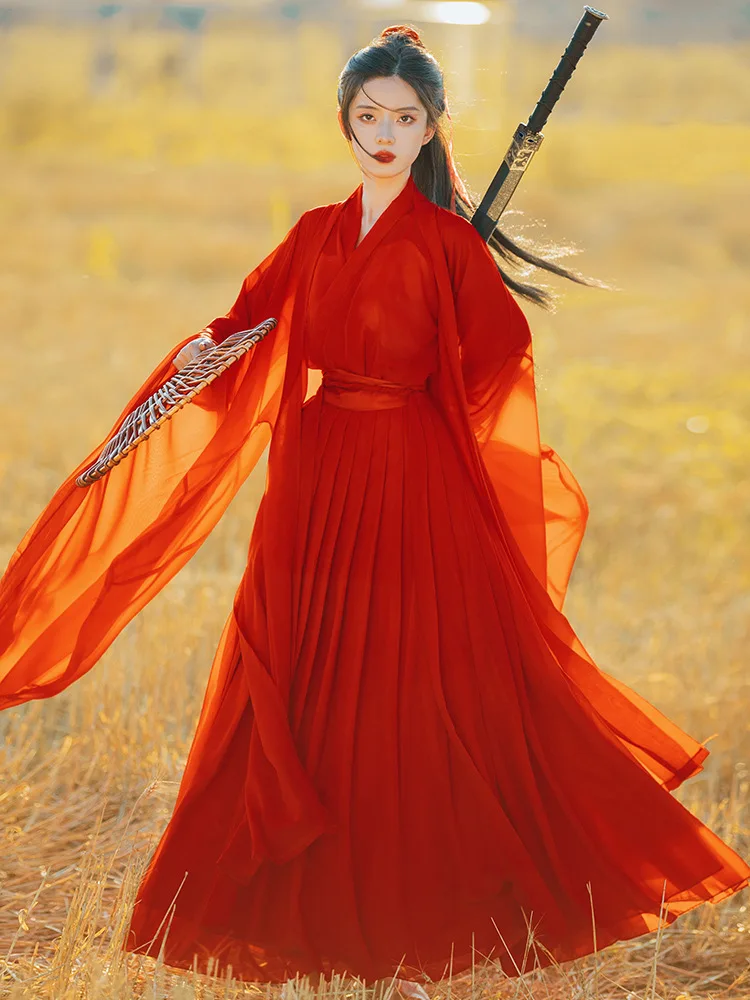 Красный Элегантный женский однотонный костюм Hanfu YF35 подходит для всех боевых