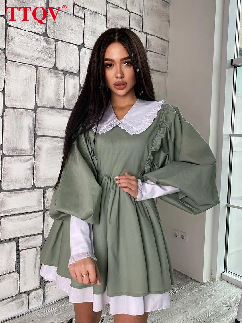 

TTQV Fashion Doll Collar Casual Women Dress 2022 Spring Long Sleeve Office Mini Dresses Elegant Spliced Pleated Female Dress