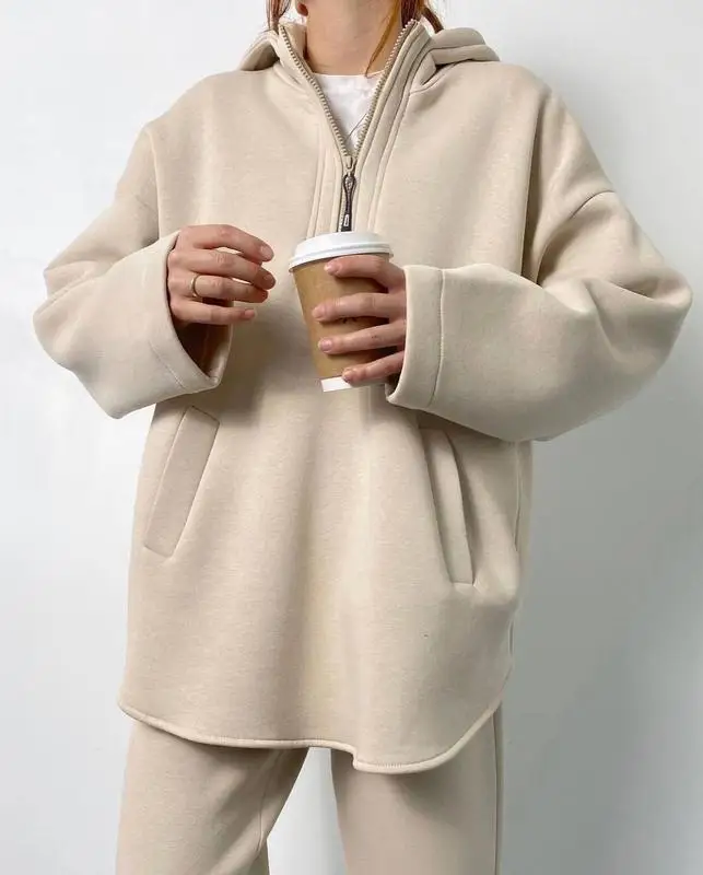 

2023 Winter Women's Suit Black Hat Long Sleeve Hoodie Long Pants Keep Warm Loose Suits Female New Casual Trendy Ladies Clothes