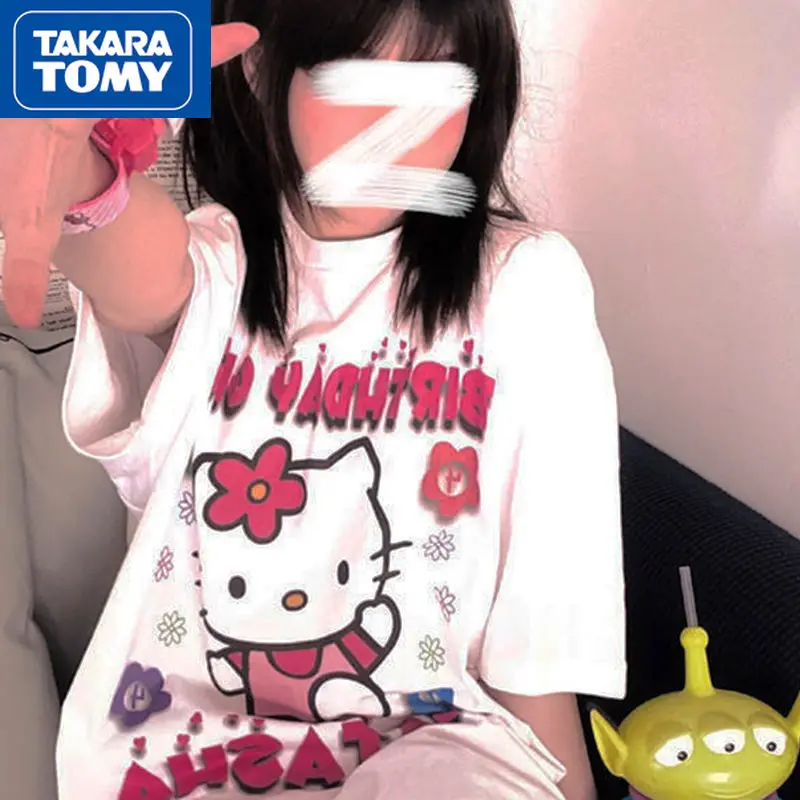 

Takara Tomy Girls Summer Hello Kitty Cotton Loose Short Sleeves Cute Cartoon Print Sweet Couple Round Neck Top T-Shirt