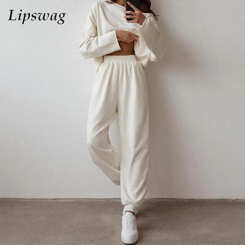 

Повседневный свободный комплект из свитшота с круглым вырезом, Модный женский однотонный пуловер с длинным рукавом, Осенний женский топ, дл...