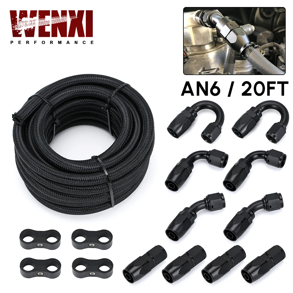 6Meter/20FT AN6  6AN Oil Fuel Fittings Hose End 0+45+90+180 Degree Stainless Steel Braided Oil Fuel Hose Line Black With Clamps